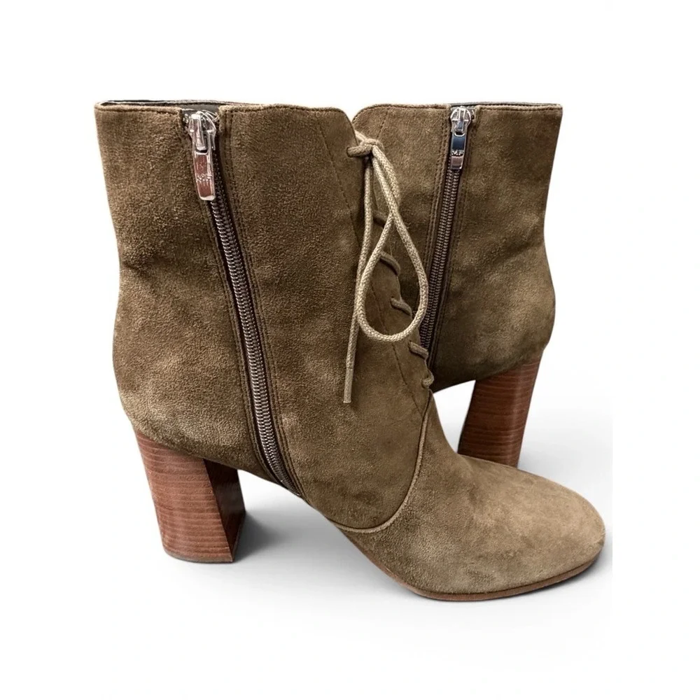 Marc Fisher‎ Ankle Boots Womens 10 Olive Green Suede Lace Up Side Zip Block Heel